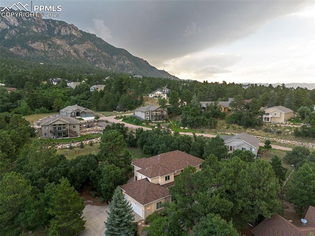 drone / aerial view with a mountain view and a view of trees