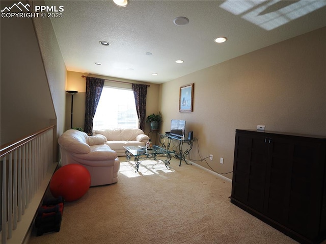 living room featuring light carpet and a textured ceiling