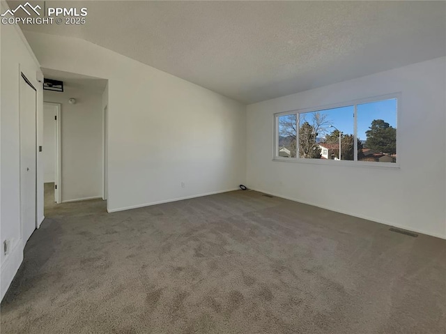 spare room with carpet, lofted ceiling, and a textured ceiling