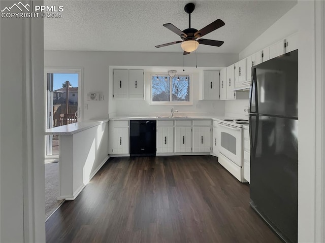 kitchen featuring white cabinetry, dark hardwood / wood-style floors, sink, and black appliances