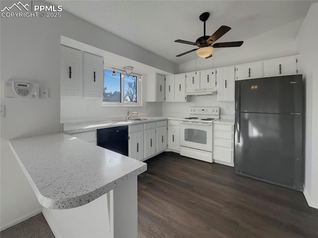 kitchen with white cabinetry, dark hardwood / wood-style flooring, black appliances, and kitchen peninsula