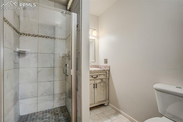 bathroom featuring walk in shower, tile patterned floors, vanity, and toilet