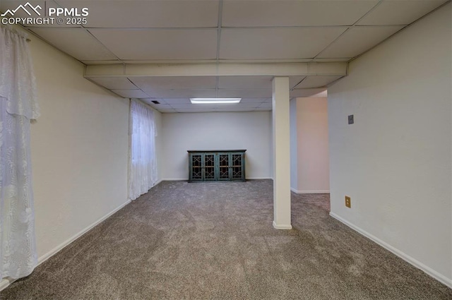 basement featuring carpet floors and a paneled ceiling