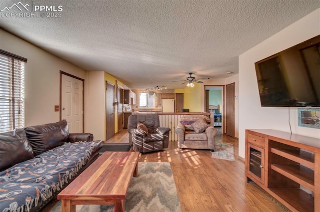 living room with a textured ceiling and light wood-type flooring