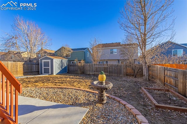 view of yard featuring a patio and a storage unit