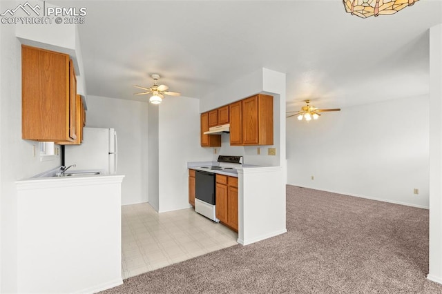 kitchen featuring under cabinet range hood, white appliances, brown cabinets, and ceiling fan