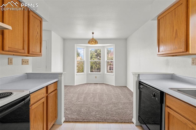 kitchen with light colored carpet, black dishwasher, electric range oven, brown cabinetry, and light countertops