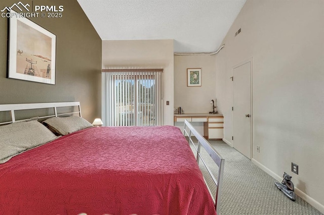 carpeted bedroom featuring lofted ceiling, a textured ceiling, visible vents, baseboards, and access to outside