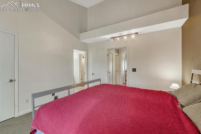 carpeted bedroom with rail lighting