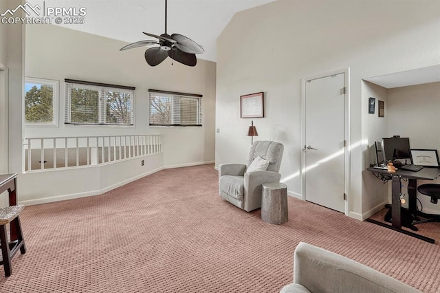 office with carpet floors, high vaulted ceiling, baseboards, and a ceiling fan