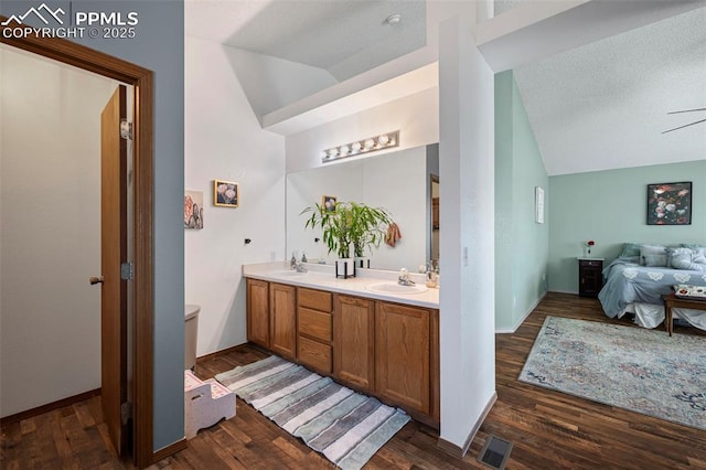 bathroom with lofted ceiling, vanity, wood-type flooring, and a textured ceiling