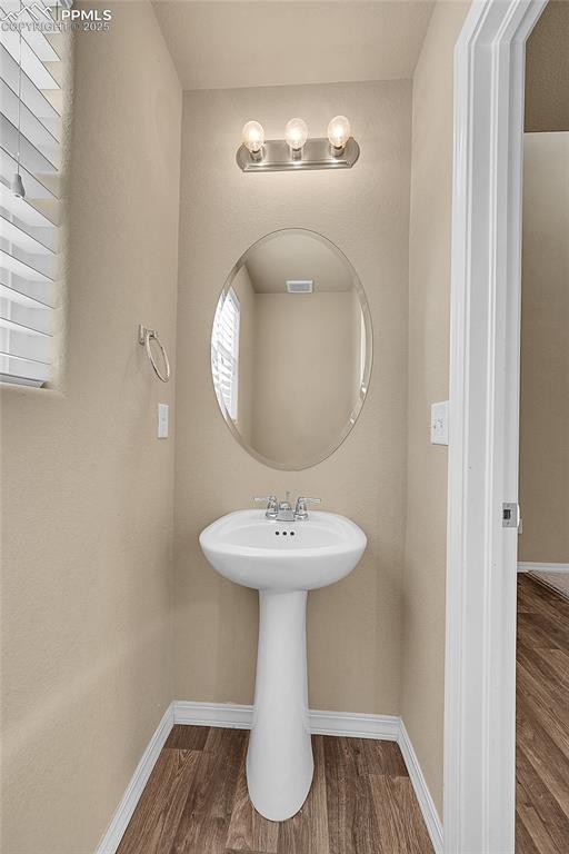 bathroom with hardwood / wood-style floors