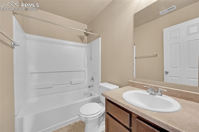 full bathroom with vanity, tile patterned floors, bathtub / shower combination, and toilet