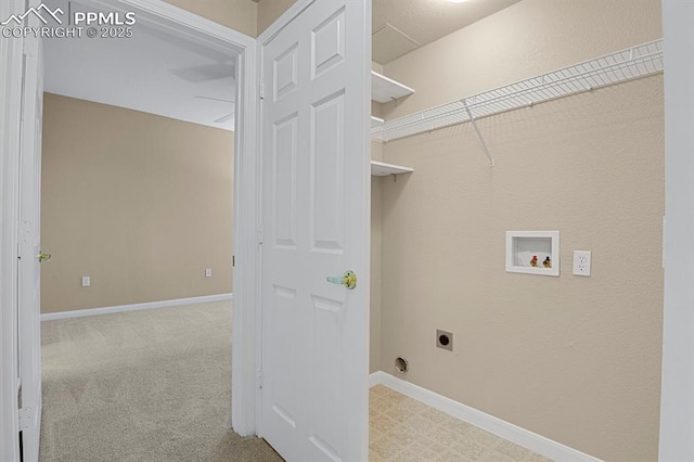 laundry area with hookup for a washing machine, light carpet, and hookup for an electric dryer