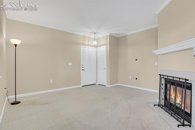 unfurnished living room with light carpet, ornamental molding, and a tile fireplace