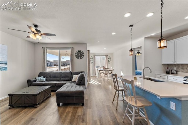 living room with hardwood / wood-style flooring, sink, and ceiling fan