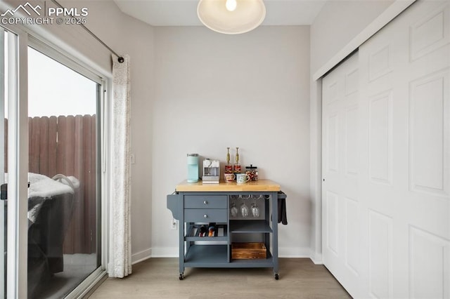 interior space featuring wood-type flooring and wooden counters