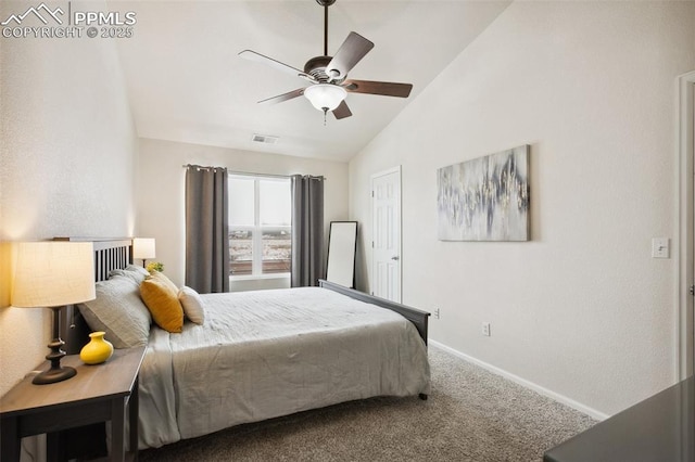 bedroom featuring vaulted ceiling, ceiling fan, and carpet floors