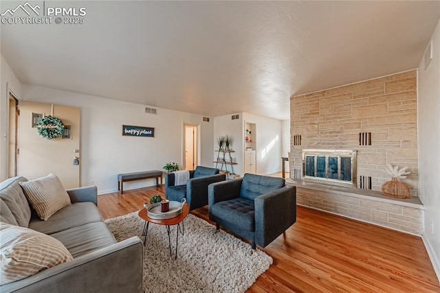 living room featuring a stone fireplace and wood-type flooring