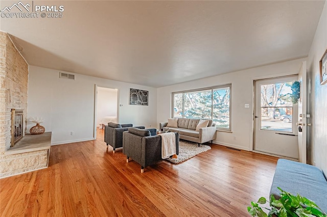 living room featuring a fireplace and light wood-type flooring