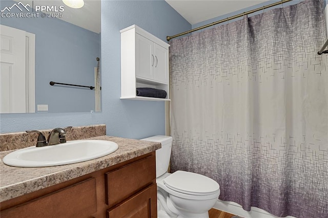 full bathroom with curtained shower, vanity, and toilet