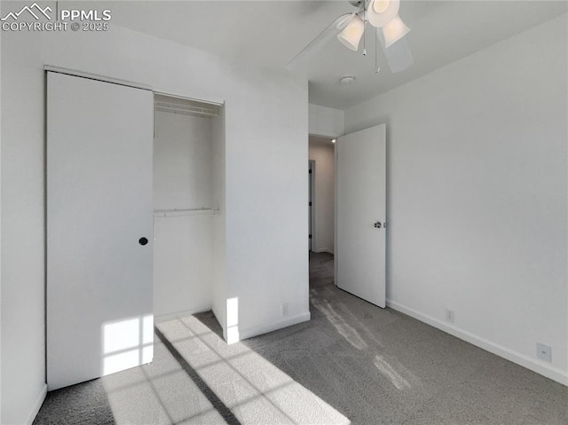 unfurnished bedroom featuring light carpet, ceiling fan, and a closet