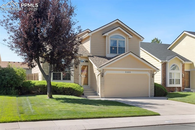 view of front of property with a garage and a front lawn