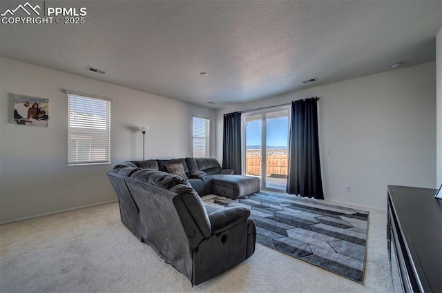 living room with a wealth of natural light, light carpet, and a textured ceiling