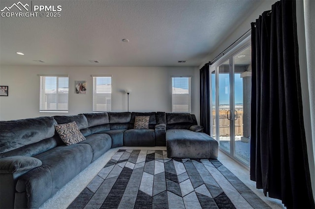 living room with a textured ceiling and a water view