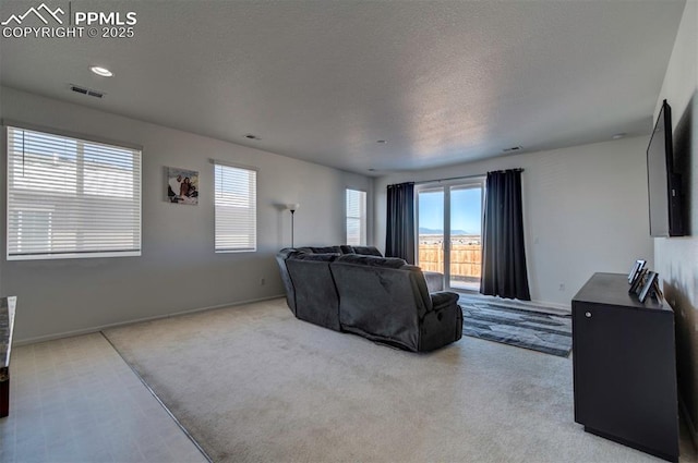 living room featuring light colored carpet and a textured ceiling