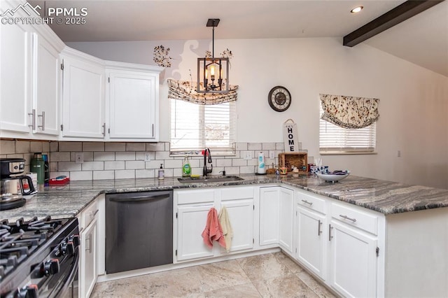 kitchen featuring white cabinets, vaulted ceiling with beams, a peninsula, stainless steel dishwasher, and a sink