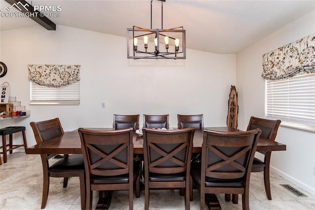 dining space featuring lofted ceiling with beams, an inviting chandelier, baseboards, and visible vents