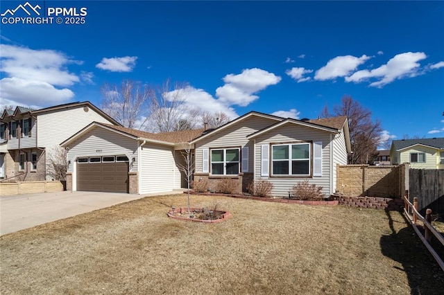 view of front of property featuring brick siding, driveway, an attached garage, and fence