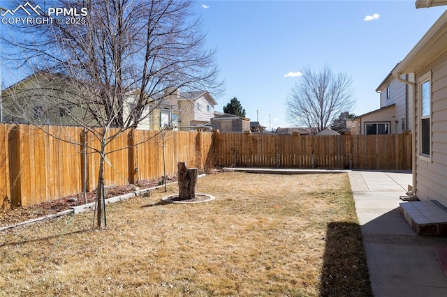 view of yard featuring a fenced backyard and a patio