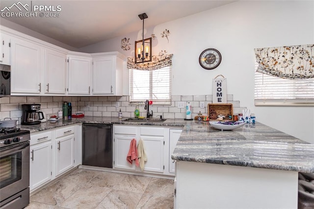 kitchen featuring stainless steel gas stove, black dishwasher, white cabinets, a peninsula, and a sink