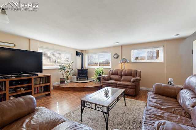 living room featuring wood-type flooring and a wood stove