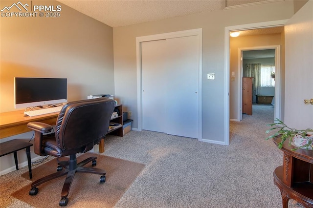 office with light colored carpet and a textured ceiling