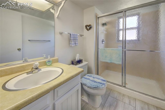 bathroom featuring vanity, toilet, and an enclosed shower