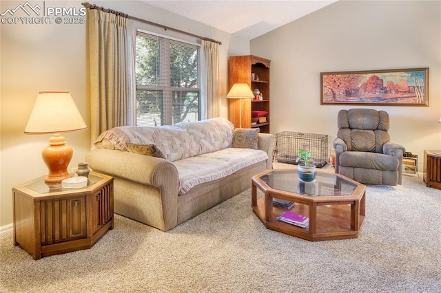 carpeted living room featuring lofted ceiling