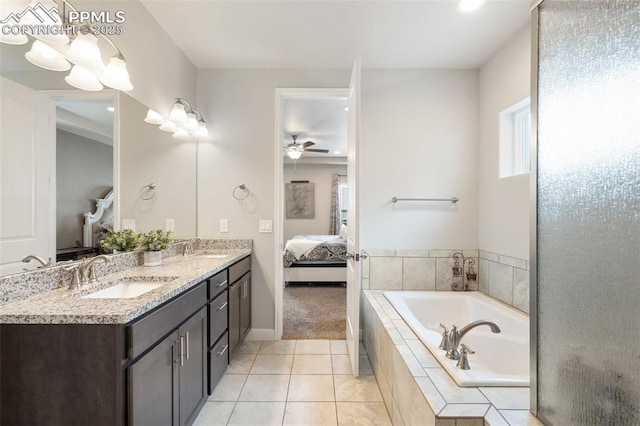 bathroom with tile patterned flooring, vanity, independent shower and bath, and ceiling fan