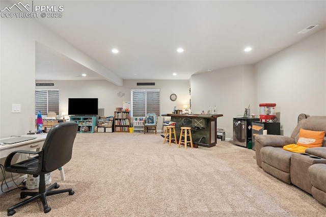 carpeted home office with bar area