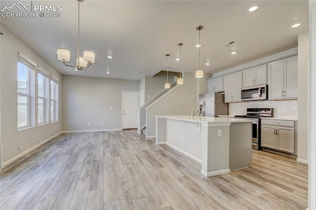 kitchen with tasteful backsplash, appliances with stainless steel finishes, a kitchen island with sink, and hanging light fixtures