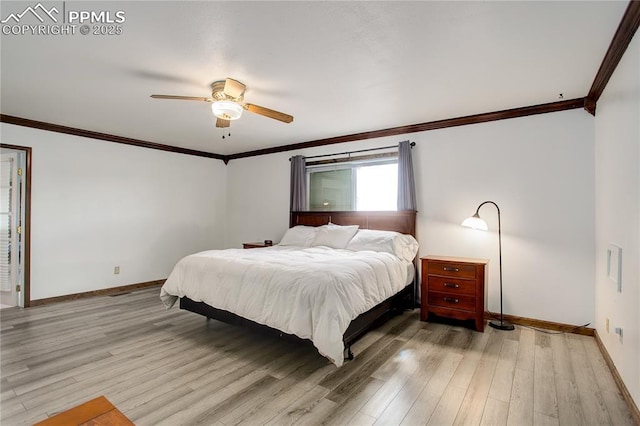 bedroom featuring ceiling fan, ornamental molding, and light hardwood / wood-style floors