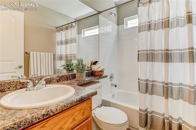 full bathroom with vanity, radiator heating unit, shower / bath combo, and toilet