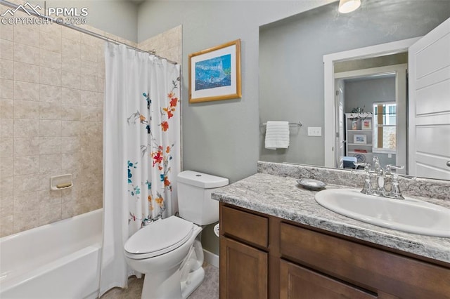 bathroom with toilet, shower / bath combo with shower curtain, and vanity