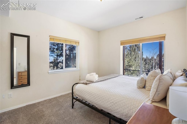 bedroom featuring baseboards, visible vents, carpet flooring, and multiple windows