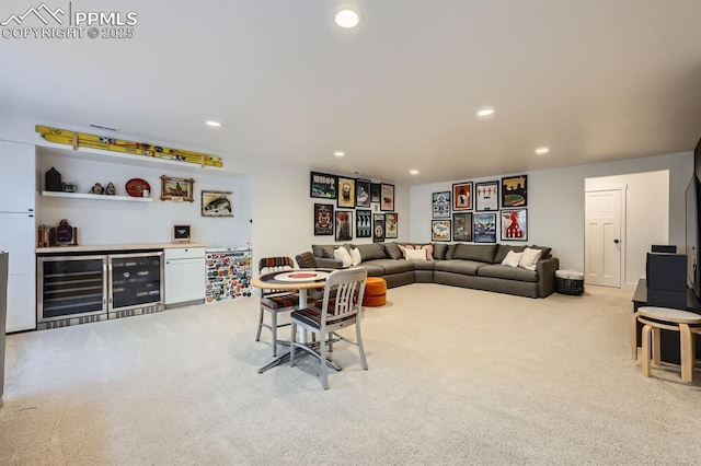 living room with bar, light carpet, and wine cooler