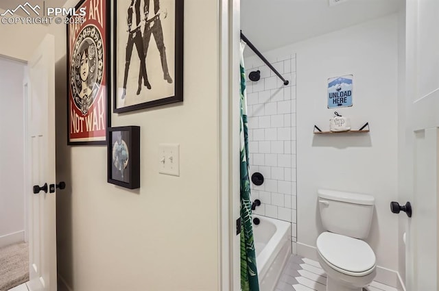 bathroom with shower / bathtub combination with curtain and toilet