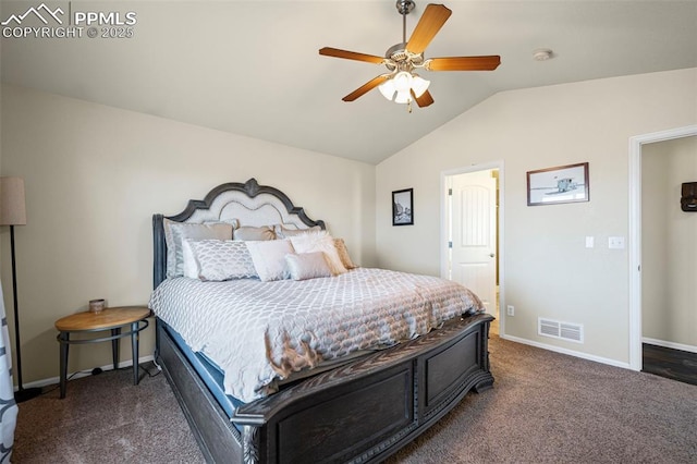 carpeted bedroom with lofted ceiling and ceiling fan