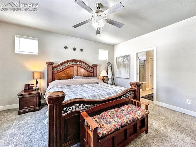 carpeted bedroom with ceiling fan and connected bathroom